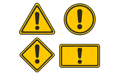 Exclamation mark warning signs caution symbols set, yellow hazard icons with black borders, vector cartoon illustration, attention alert symbols, safety icons collection, transparent background