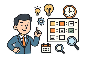Project management and task planning illustration, vector cartoon business man with calendar, clock, light bulbs, checklist, gears, magnifier, productivity concept, transparent background