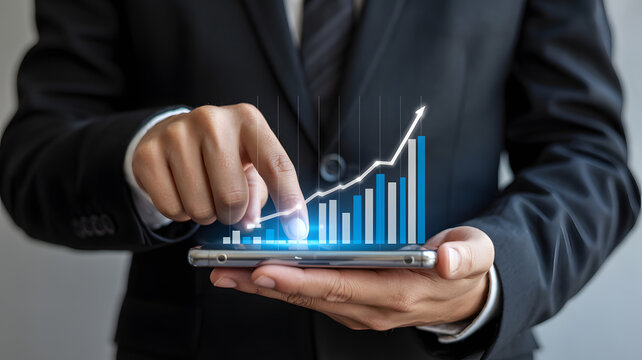 Businessman using financial app showing market growth using digital interface on phone - Powered by Adobe