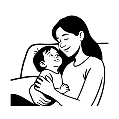 Black and White Vector Illustration of a Beautiful Mother Caring for Child in Minimalist Line Art Style