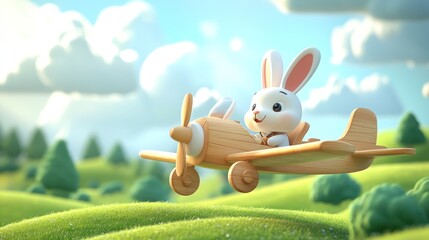 Adorable bunny pilot soars in wooden plane above rolling green hills and fluffy clouds