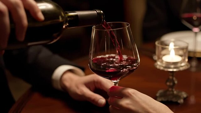 Close up hand pouring red wine crystal glass candlelit dinner cinematic handheld luxury lifestyle stock video. elegant imbibe ruby liquid stemware light meal filmic portable