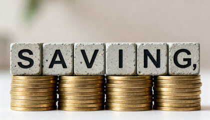 Concrete textured cubes displaying the word SAVING over piles of coins
