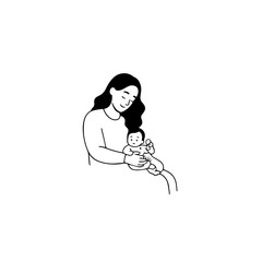 Black and White Vector Illustration of a Beautiful Mother Caring for Child in Minimalist Line Art Style