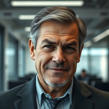 A middle-aged man with a cynical expression