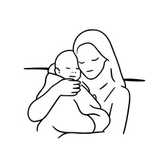 Black and White Vector Illustration of a Beautiful Mother Caring for Child in Minimalist Line Art Style