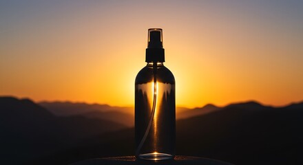 Clear spray bottle silhouetted against a vibrant sunset over layered mountains
