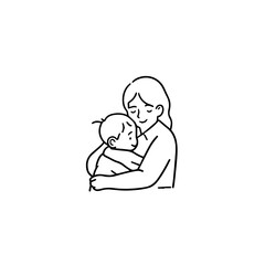 Black and White Vector Illustration of a Beautiful Mother Caring for Child in Minimalist Line Art Style