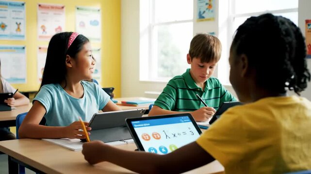 Classroom diverse kids using tablets math lesson cinematic inclusive digital education stock footage. academy varied youth pad numeracy instruction filmic equitable online learning