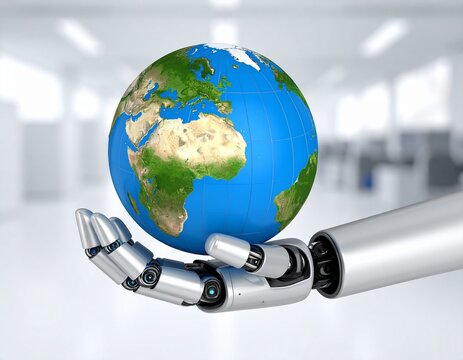 A robotic hand delicately holding a vibrant blue and green globe, symbolizing technology's impact.