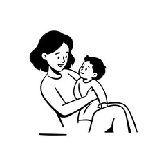 Black and White Vector Illustration of a Beautiful Mother Caring for Child in Minimalist Line Art Style