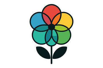 Colorful flower logo with overlapping petals in a geometric Bauhaus style. Vector graphic icon for connection, diversity, and creativity. Abstract floral symbol with vibrant colors.