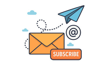 Email marketing newsletter subscription vector concept. Paper plane sends message from envelope. Subscribe button for web banner, online promotion, advertising. Digital send.