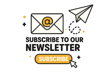 Paper plane email subscription to newsletter marketing banner. Vector illustration with subscribe button CTA. Sign up for mailing list, updates, and online business promotion.