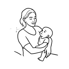 Black and White Vector Illustration of a Beautiful Mother Caring for Child in Minimalist Line Art Style