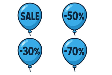 Sale discount banner sign on blue balloon. Vector cartoon illustration set with 30%, 50%, 70% off. Special offer promotion for retail, advertising, and marketing.