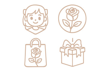 Elegant rose gold line art icon collection. Vector cartoon set with a girl, rose flower, shopping bag and gift. For beauty logo, present, birthday, or Mother's day.