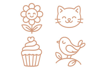 Cute cartoon character logo collection. Rose gold line art icon set of happy cat, smiling flower, sweet cupcake, and little bird. Minimalist vector illustration for branding.