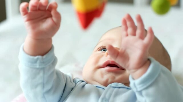 Close up baby reaching colorful mobile crib cinematic handheld early development lifestyle stock video. infant touching vibrant hanging toy filmed handheld infancy growth