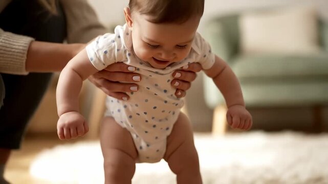 Close up baby s first steps captured parent support cinematic handheld milestone parenting lifestyle stock video. infant initial walk guardian assist filmic portable achievement