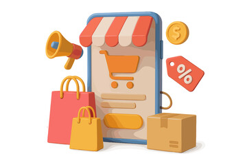Online shopping 3d vector illustration. E-commerce concept for mobile app and web. Digital marketing and sale promotion with megaphone. Online store, order and delivery.