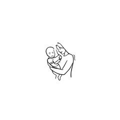 Black and White Vector Illustration of a Beautiful Mother Caring for Child in Minimalist Line Art Style