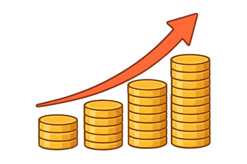 Financial growth concept with gold coin stacks and an upward arrow. Business investment profit and success chart. Revenue increase, savings, and salary growth cartoon.