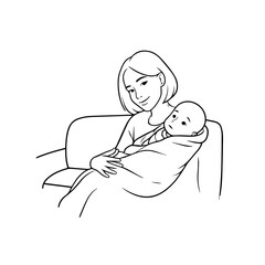 Black and White Vector Illustration of a Beautiful Mother Caring for Child in Minimalist Line Art Style