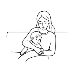 Black and White Vector Illustration of a Beautiful Mother Caring for Child in Minimalist Line Art Style