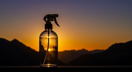 Clear Spray Bottle Silhouetted Against a Vibrant Sunset Over Mountains