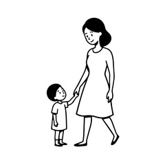 Black and White Vector Illustration of a Beautiful Mother Caring for Child in Minimalist Line Art Style