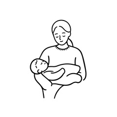 Black and White Vector Illustration of a Beautiful Mother Caring for Child in Minimalist Line Art Style