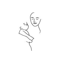 Black and White Vector Illustration of a Beautiful Mother Caring for Child in Minimalist Line Art Style