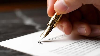 Close up gold fountain pen signing contract marble desk cinematic handheld premium business lifestyle stock video. golden writer instrument autographing agreement stone surface handheld - Powered by Adobe