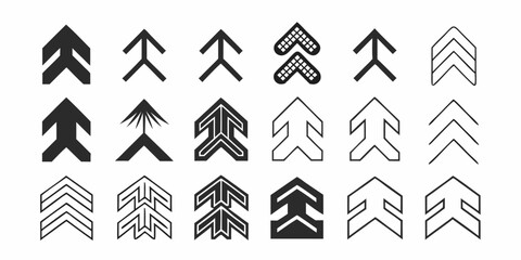 Illustration showing a set of twenty one different arrow icons pointing upward in various styles and designs | editable eps vectors silhouette