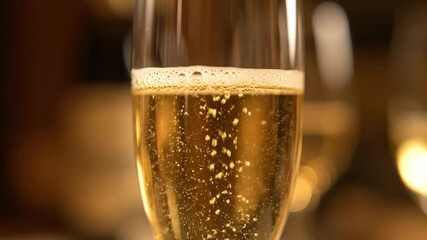 Close up glass champagne golden bubbles rising cinematic handheld luxury celebration lifestyle stock video. effervescence flute sparkling wine opulent party handheld filmic