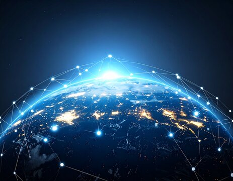 A vibrant blue Earth seen from space, enveloped by a glowing digital network grid, symbolizing global connectivity and technological advancement.