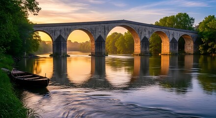 Serene Sunrise over Stone Arch Bridge and River.