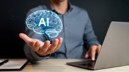 Futuristic AI brain concept presented by a tech professional with laptop nearby
