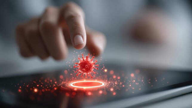 A person interacts with a digital representation of a virus hovering above a tablet, symbolizing technology and health awareness. - Powered by Adobe