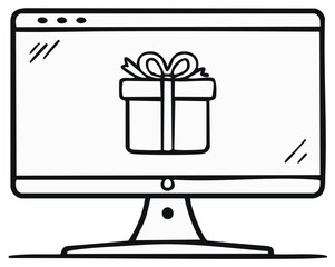Computer screen displays a wrapped gift box with a bow, symbolizing online shopping or digital gifts.
