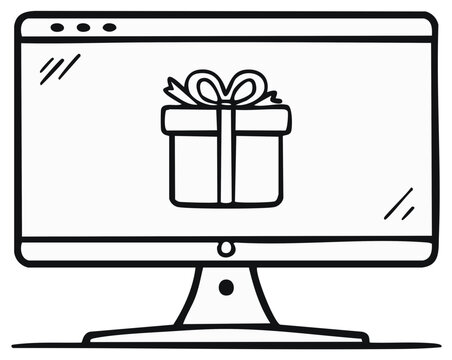 Computer screen displays a wrapped gift box with a bow, symbolizing online shopping or digital gifts.