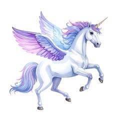 A majestic unicorn with shimmering white fur and iridescent wings gracefully spreads its wings, standing in a lush green meadow under a clear blue sky.