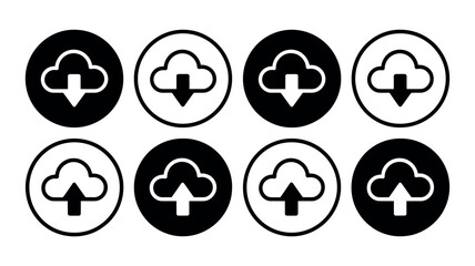 Set of cloud upload and download icons in black and white ovals
