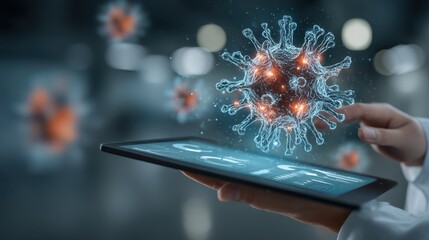 A person holds a tablet projecting a 3D digital visualization of a virus, symbolizing technology and health science convergence.