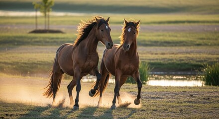 Fototapeta premium Two Brown Horses Running Freely in Grassy Field at Sunset