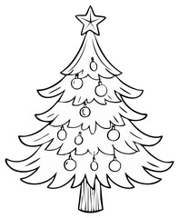 Cartoon Christmas tree line art with a star and ornaments, perfect for holiday coloring or festive design.