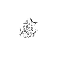 Black and White Vector Illustration of a Beautiful Mother Caring for Child in Minimalist Line Art Style