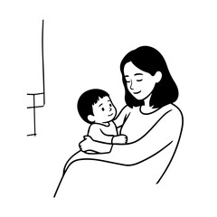 Black and White Vector Illustration of a Beautiful Mother Caring for Child in Minimalist Line Art Style