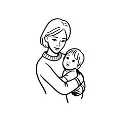 Black and White Vector Illustration of a Beautiful Mother Caring for Child in Minimalist Line Art Style
